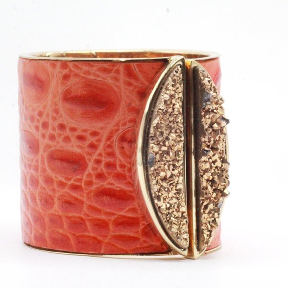 Fabrizio Giannone Designer Signed Orange Color Leather Gold Stone Clamp Bracelet - Picture 3 of 12